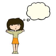 cartoon woman raising arms in air with thought bubble N5