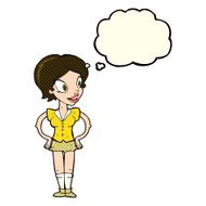cartoon happy woman in short skirt with thought bubble N5