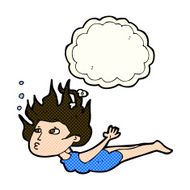 cartoon woman swimming underwater with thought bubble N5
