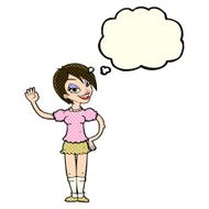 cartoon waving woman with thought bubble N66