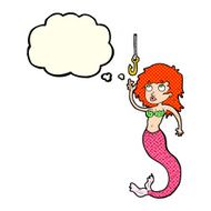 cartoon mermaid and fish hook with thought bubble N5