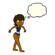 cartoon happy woman in swimming costume with thought bubble N6