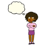 cartoon woman wit crossed arms with thought bubble N6