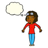 cartoon woman wearing goggles with thought bubble N6