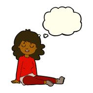 cartoon happy woman sitting on floor with thought bubble N11