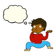 cartoon boy doing crazy dance with thought bubble N6