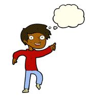cartoon happy boy pointing with thought bubble N10