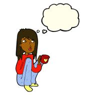 cartoon woman sitting with cup of coffee thought bubble N6