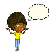cartoon woman raising hands in air with thought bubble N10