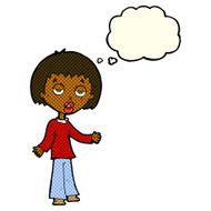 cartoon tired woman with thought bubble N16