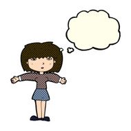 cartoon woman shrugging shoulders with thought bubble N233