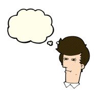 cartoon man narrowing eyes with thought bubble N19