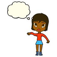 cartoon woman waving hand with thought bubble N6