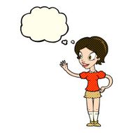 cartoon waving woman with thought bubble N70