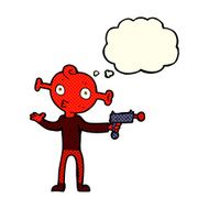 cartoon alien with ray gun thought bubble N6
