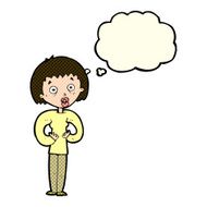 cartoon woman gesturing at self with thought bubble N13