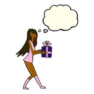 cartoon fashion girl with present thought bubble N5