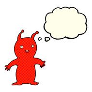 cartoon happy little alien with thought bubble N5