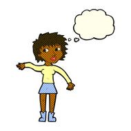 cartoon friendly woman waving with thought bubble N25