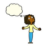 cartoon curious woman looking upwards with thought bubble N6