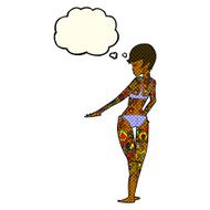 cartoon bikini girl covered in tattoos with thought bubble N6