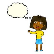 cartoon friendly woman waving with thought bubble N26
