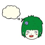 cartoon happy vampire girl face with thought bubble N5