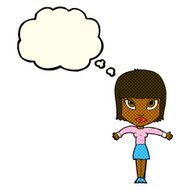 cartoon woman shrugging with thought bubble N32