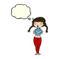 cartoon offended woman covering herself with thought bubble N5