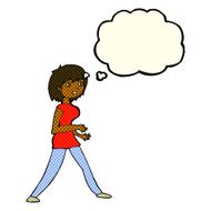 cartoon woman walking with thought bubble N5