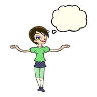cartoon woman making open arm gesture with thought bubble N5