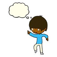 cartoon worried boy pointing with thought bubble N6