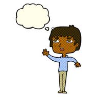 cartoton unhappy boy waving with thought bubble N3