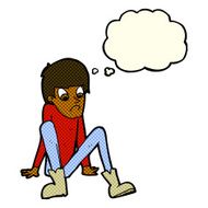 cartoon boy sitting on floor with thought bubble N6
