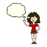 cartoon worried woman waving with thought bubble N8