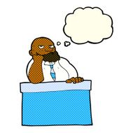 cartoon bored man at desk with thought bubble N6