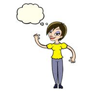 cartoon woman waving with thought bubble N171