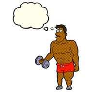 cartoon man lifting weights with thought bubble N6