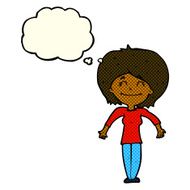 cartoon woman shrugging shoulders with thought bubble N235