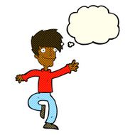 cartoon happy man dancing with thought bubble N20