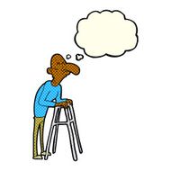 cartoon old man with walking frame thought bubble N6