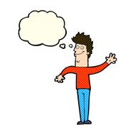 cartoon happy waving man with thought bubble N5