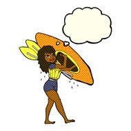 cartoon woman carrying canoe with thought bubble N4