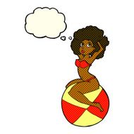 cartoon pin up girl sitting on ball with thought bubble N6