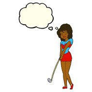 cartoon woman playing golf with thought bubble N11