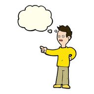 cartoon shocked boy pointing with thought bubble N5