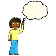 cartoon friendly boy waving with thought bubble N6