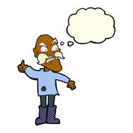 cartoon angry old man in patched clothing with thought bubble N5