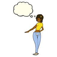 cartoon pretty girl in jeans and tee with thought bubble N6