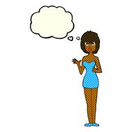 cartoon confused woman in cocktail dress with thought bubble N4